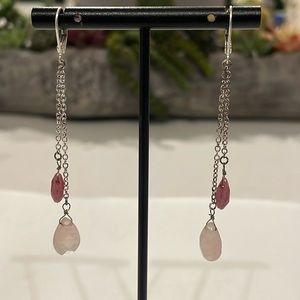 Guava & Rose Quartz Tear Drop Stone and Sterling Chain Earrings - 2 3/4” Long
